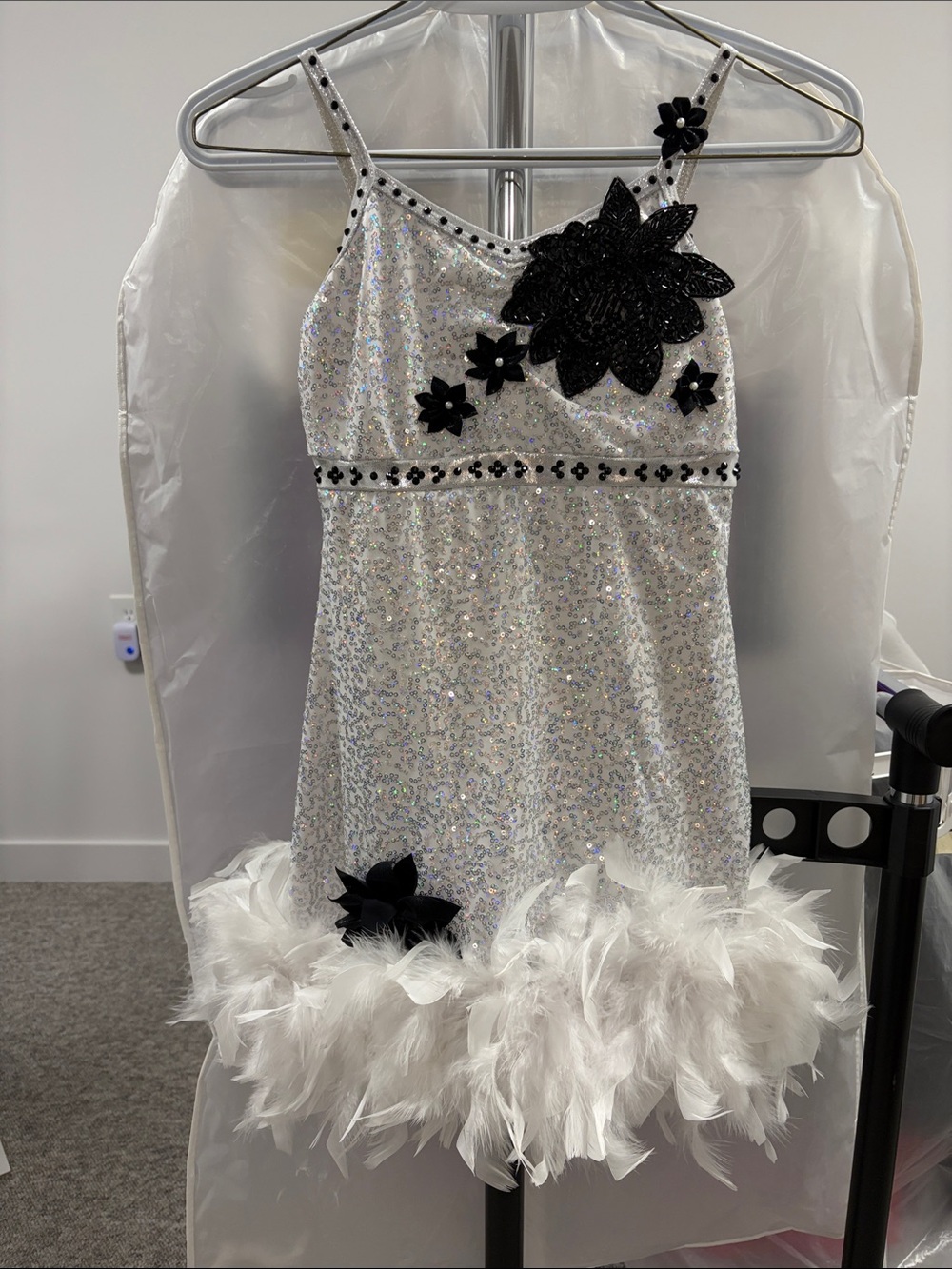 White Sequin Feather Hem Kids Costume with Black Floral Appliqué